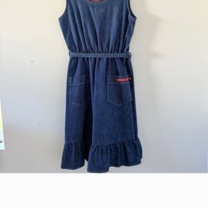 Vintage Sasson Denim Midi Dress 80s–90s Belted Pocket Ruffle Hem Blue Jean Dress